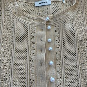 Sandro Beige Openwork Knit Cardigan with Pearl Buttons